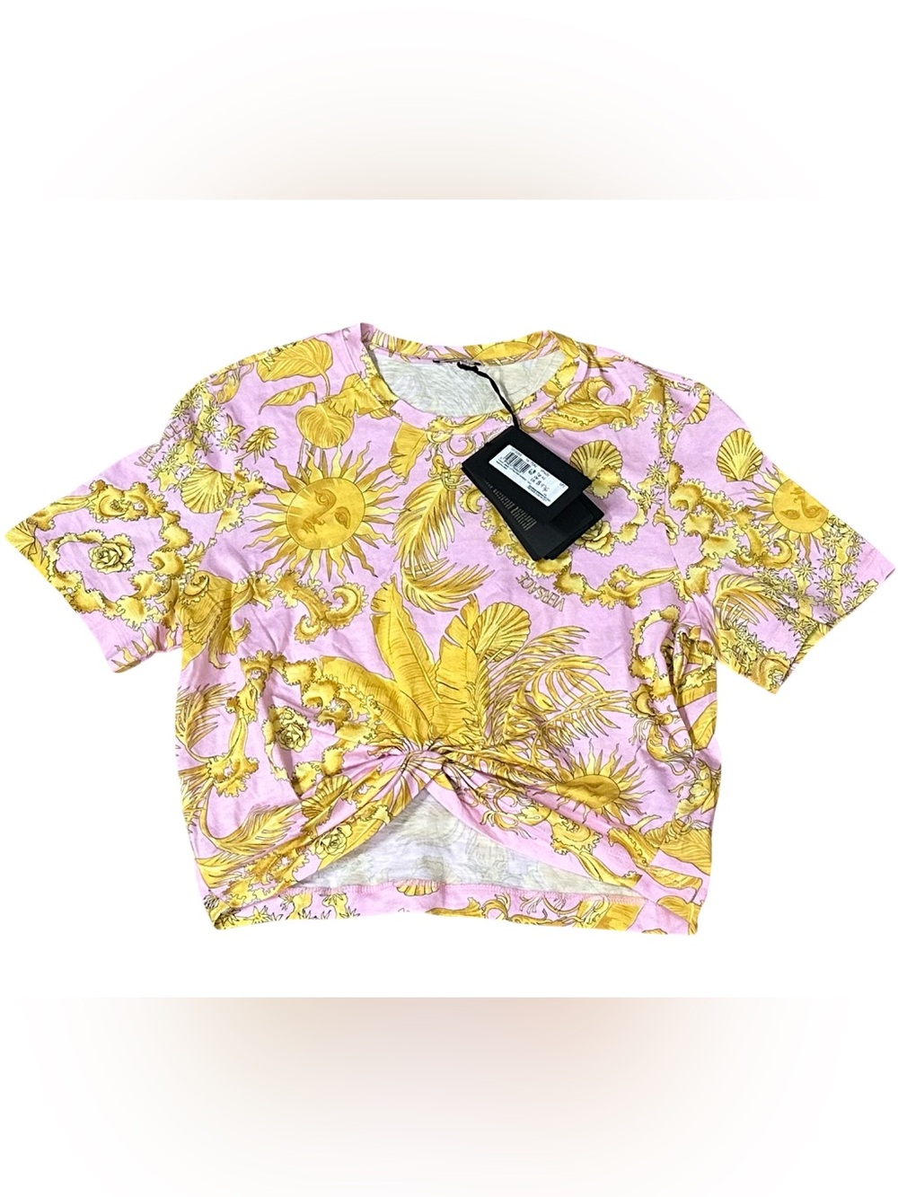 NWT Versace Pink & Yellow Baroque Twist-Front Crop Top